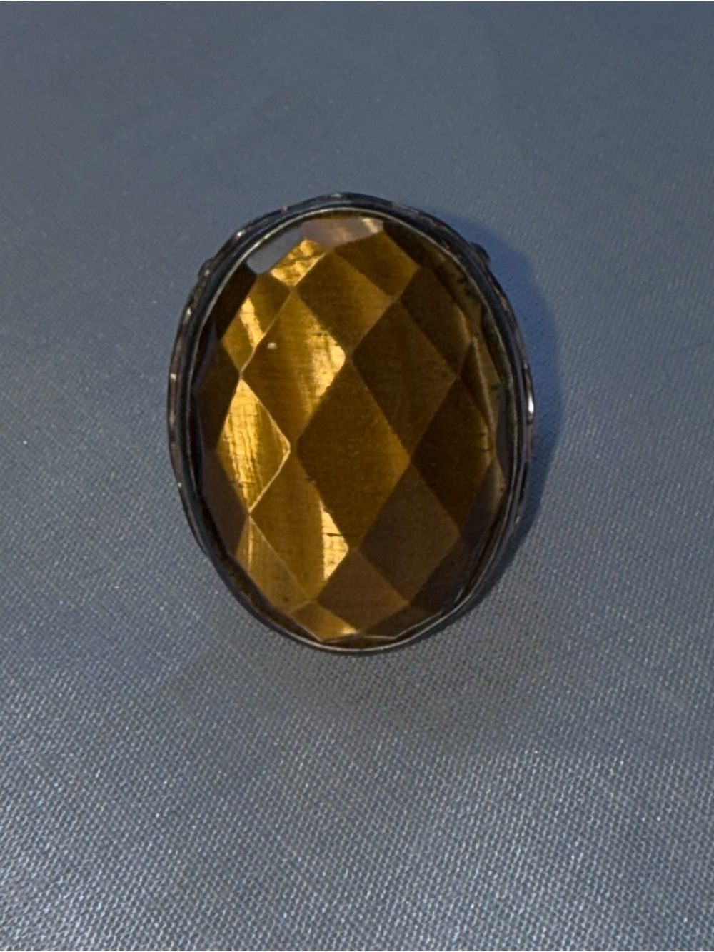 Vintage Thailand 925 Sterling Silver Tiger's Eye StatementRing, Faceted Filigree